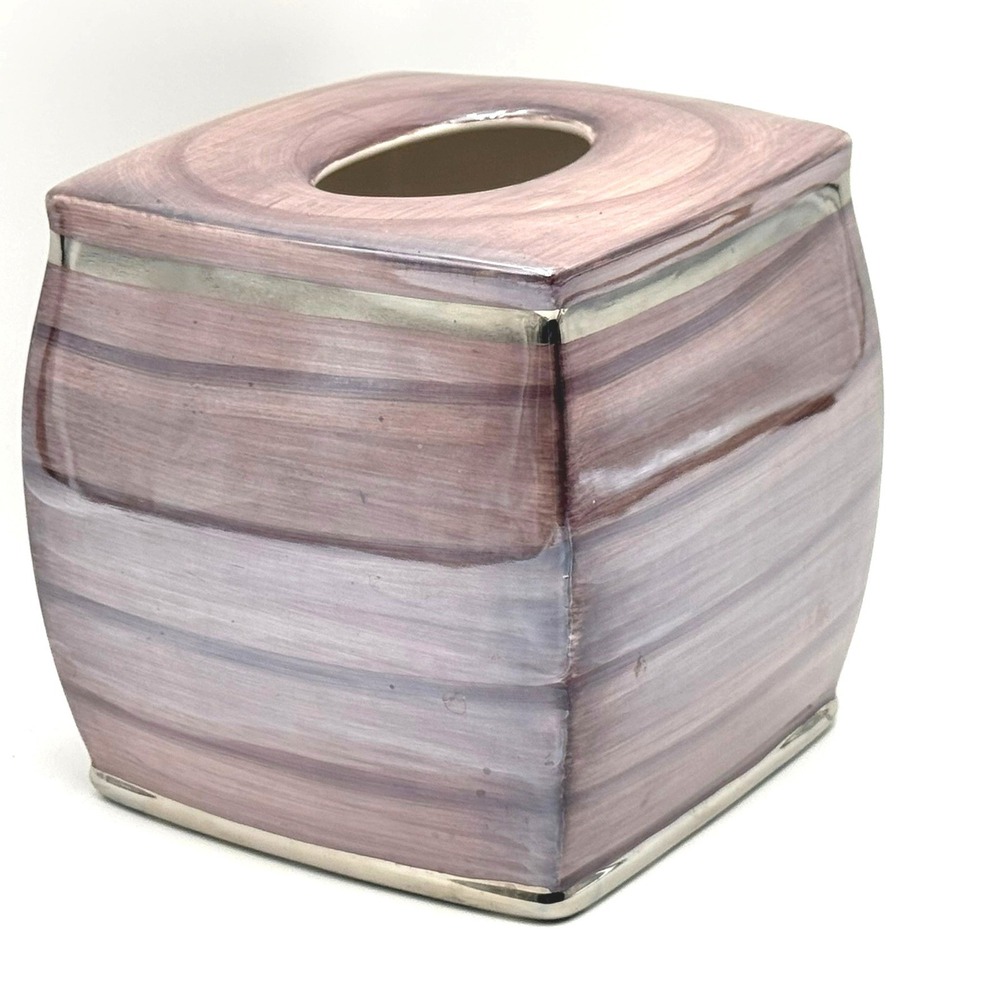 Nicole Miller New York Oasis Ceramic Tissue Box Cover Mauve Silver Trim 6in